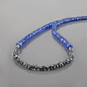 Natural Blue Sapphire Beaded Necklace, Sterling Silver Adjustable Chain, September Birthstone Jewelry, Black Diamond Pendant Gift for Her