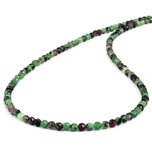 Ruby Zoisite Beads Necklace-Sterling Silver Claps-Natural Green Gemstone Necklace-July Birthstone Jewelry-Round Faceted Ruby Stone Gift