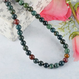 Natural Bloodstone Necklace Smooth Round 6MM 925 Sterling Silver 18&quot; Beaded Chain Bloodstone Beaded Necklace Healing Crystal Beads Stone