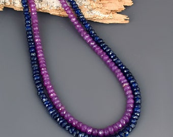 Pink & Blue Sapphire Beads Necklace, Sterling Silver Clasp