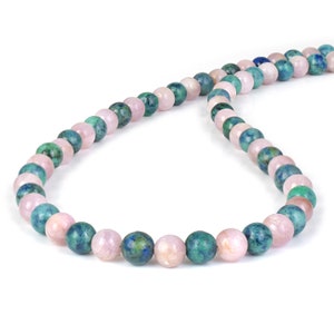 Natural Pink Kunzite & Malachite Necklace – Azurite Crystal Gemstone – Sterling Silver Chain Clasp – Round Beaded Jewelry – Gift for Her