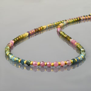 1 Strand Natural Gold Filled Multi Tourmaline Necklace Tiny Faceted Round Watermelon beads jewelry healing beaded 925 silver 18 Inch Chain