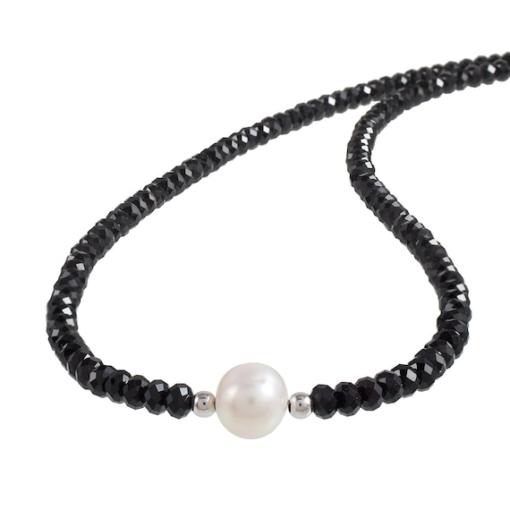 Vatslacreations Collar De Perlas Genuinas De Espinela Negra Con Cadena De Bloqueo De Plata De Ley 925, Joyería De Cuentas De Espinela Negra, Collar De Perlas De Espinela Negra, Regalo Para