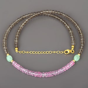 Smoky Quartz And Pink Topaz Beads Necklace-November Birthstone Jewelry-Brown & pink Gemstone Jewelry-Sterling Silver Claps-Topaz Gemstone