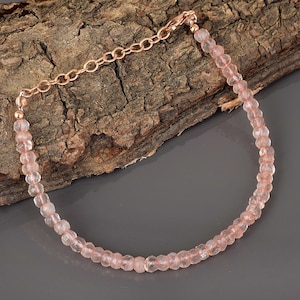 Natural Rose Quartz Beads Bracelet-Handcrafted 22CM Adjustable Silver Chain-Birthday Gift-Lobster claps Pink Stone Jewelry Gift