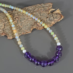 Sparkling Ethiopian Opal & Amethyst Beads Necklace-Sterling Silver Claps-Purple Gemstone Gift-Rainbow Fire Opal Jewelry-October Birthstone