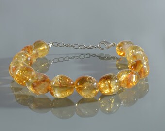 Natural Citrine Beads Bracelet-November Birthstone Jewelry-Citrine Gemstone Bracelet-Sterling Silver Chain Claps-Citrine Jewelry Gift