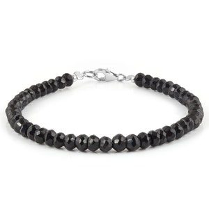 Black Spinel Beads Bracelet,Natural Black Gemstone,Sterling Silver Clasp,Faceted Rondelle Jewelry,Unisex Gift Idea