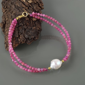 Pink Tourmaline & Baroque Pearl Bracelet–Sterling Silver Clasp–Faceted Gemstone Beads–October Birthstone–Gift for Her-Watermelon Tourmaline
