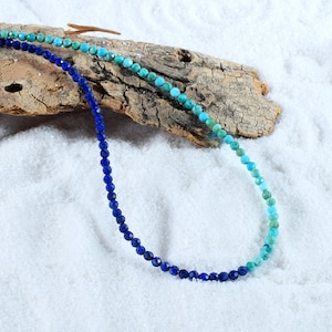 Natural Lapis Lazuli & Turquoise Beads Necklace-December Birthstone Jewelry-Deep Blue Gemstone Necklace-Sterling Silver Chain Claps Gift