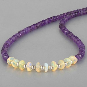 Amethyst and Opal Necklace,February Birthstone Jewelry,Natural Gemstone Beads,Sterling Silver Clasp,Rainbow Fire Opal Pendant, Gift for her
