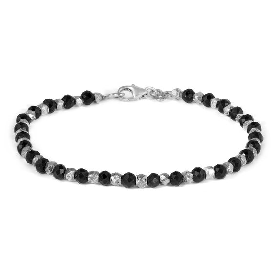 Bracciale Regolabile In Argento Con Perline Rondelle Di Spinello Nero Sfaccettato - Gioiello Fatto A Mano (22 Cm, 4 Mm)