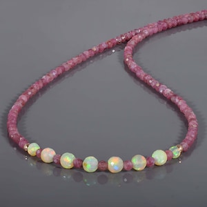 Tourmaline & Opal Beads Necklace,Sterling Silver Clasp,Natural Pink Tourmaline Gemstone Necklace,Rainbow Fire Opal Jewelry,Watermelon Beads