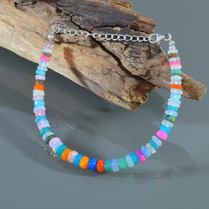 Ethiopian Opal Beads Bracelet with Sterling Silver Clasp–Rainbow Fire Opal Jewelry–October Birthstone Bracelet–Multi-Color Opal Gemstone