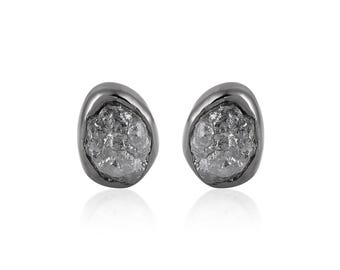 5MM Natural Grey Diamond Studs in Sterling Silver Black Rhodium Plated Raw Diamond Earrings