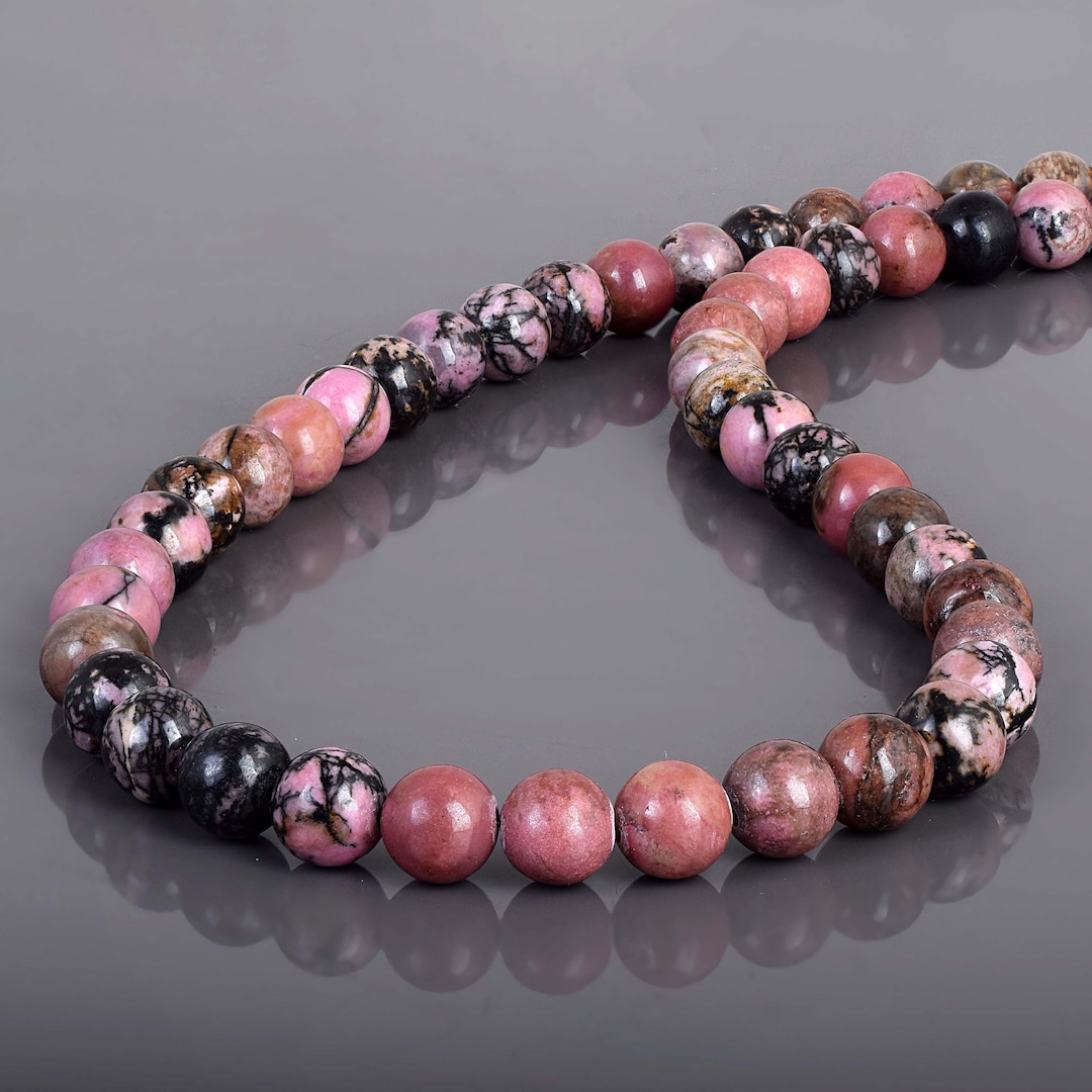 Pink Rhodonite Necklace smooth Round Rhodonite Gemstone Beaded Necklace black Vein Rhodonite Necklace unisex Rhodonite Jewelry Gift Etsy UK