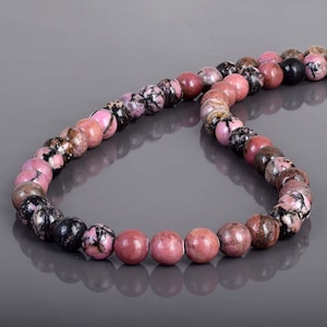 Pink Rhodonite Necklace,Smooth Round Rhodonite Gemstone Beaded Necklace,Black Vein Rhodonite Necklace,Unisex Rhodonite Jewelry Gift