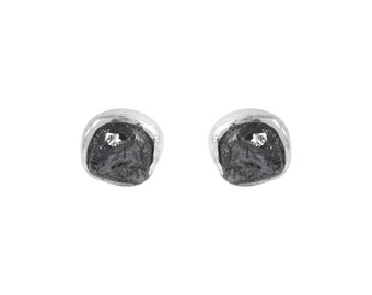 May include: A pair of silver stud earrings with black diamond accents. The diamonds are rough and have a natural, unpolished look.