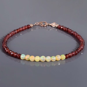 Red Garnet & Opal Beaded Bracelet, January Birthstone Jewelry, Faceted Gemstone Bracelet, Sterling Silver Clasp, Natural Gift for Her