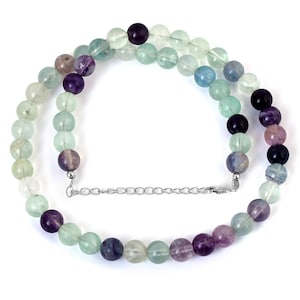 Fluorite Beads Necklace–Natural Round Multicolor Gemstones | Sterling Silver Clasp | Rainbow Fluorite Crystal Jewelry | Healing Gift for Her