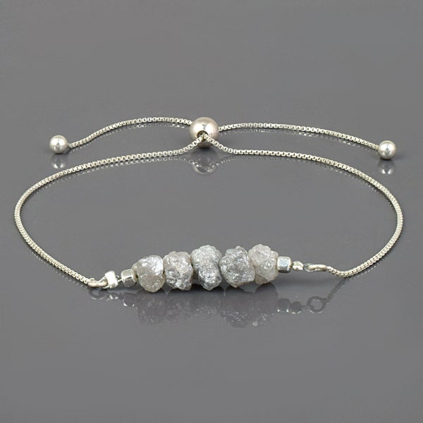 Natural Grey Diamond Bracelet,Raw Diamond Bracelet,Diamond Nuggets Silver Bracelet,Sterling Silver Slider Ball Diamond Jewelry Gift for her