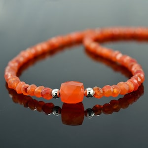 Natural Carnelian Beads Necklace-Orange Gemstone Beaded-Sterling Silver Carnelian Jewelry-Faceted Rondelle Carnelian Gift for her