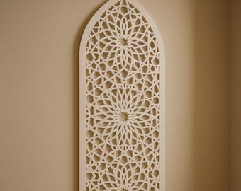 Wysoki łuk Mihrab, geometryczna arabeskowa sztuka ścienna w stylu islamskim