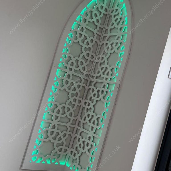 Mehraab con luce a LED per sala di preghiera, telaio ad arco arabo marocchino, pannello ad arco geometrico in legno, pannello decorativo in legno marocchino, arte islamica