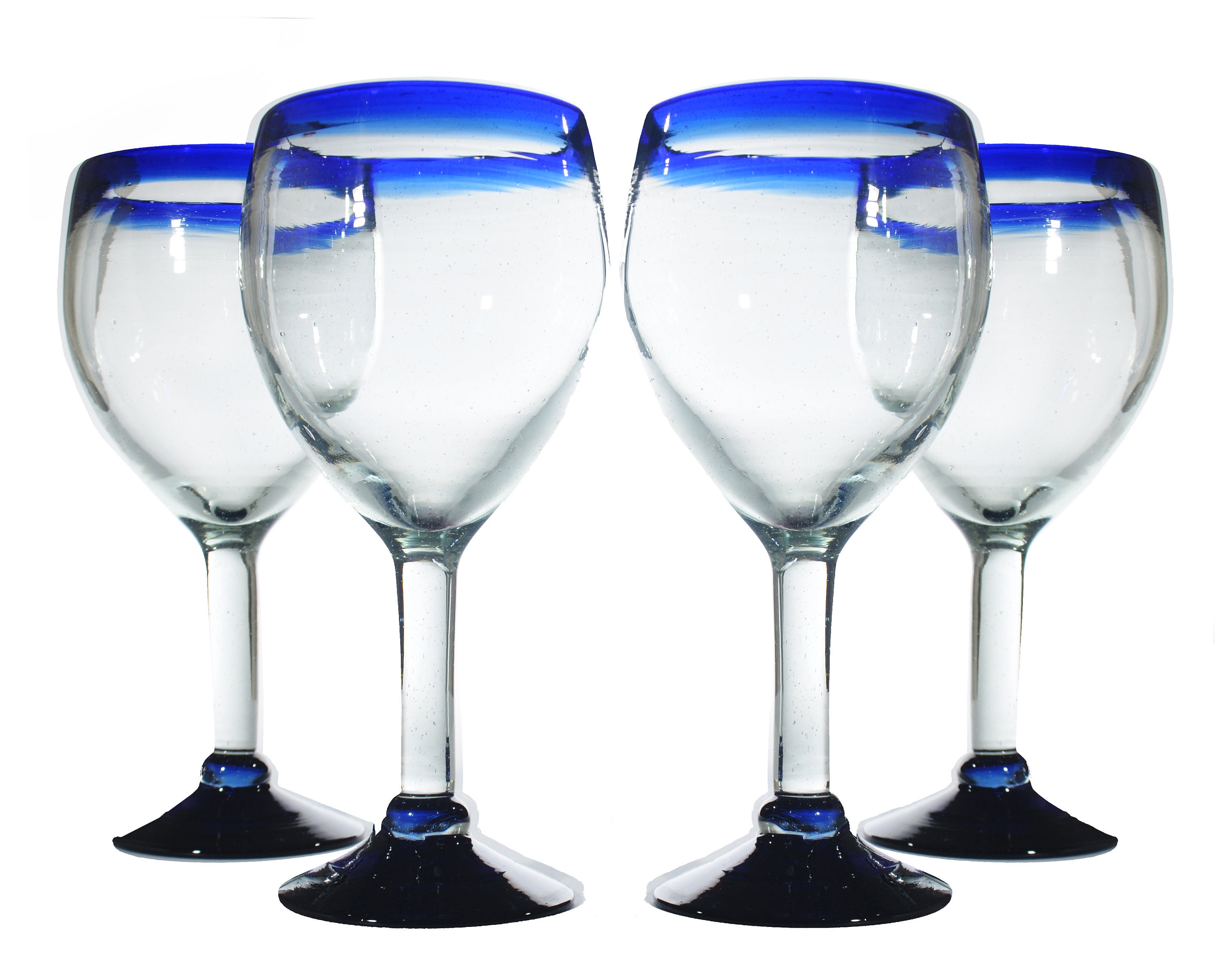 Hand Blown Recycled Mexican Wine Glasses With Blue Rim Set of 4 Etsy UK