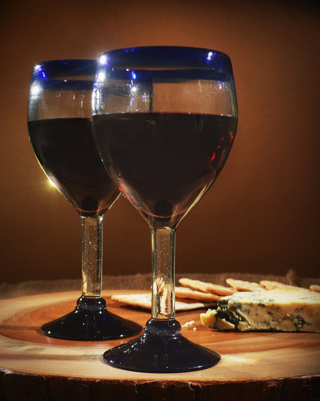 Hand Blown Recycled Mexican Wine Glasses With Blue Rim Set of 2 Etsy UK