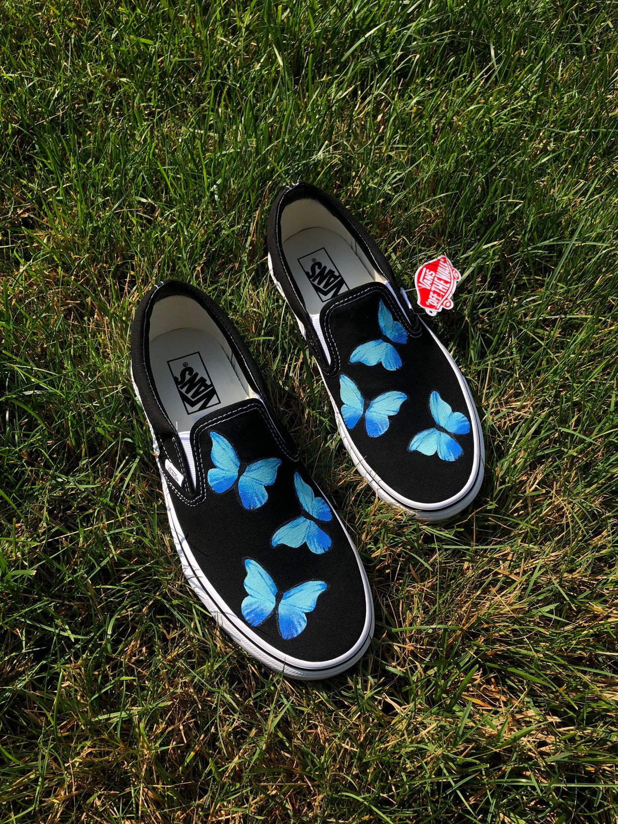 Blue Butterfly Slip on Vans Hand Painted Custom Made Etsy UK