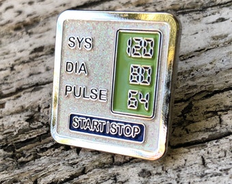 Blood pressure monitor pin for nurses, doctors, therapists, healthcare workers in hospital, clinics, offices — silver lapel, badge, pin