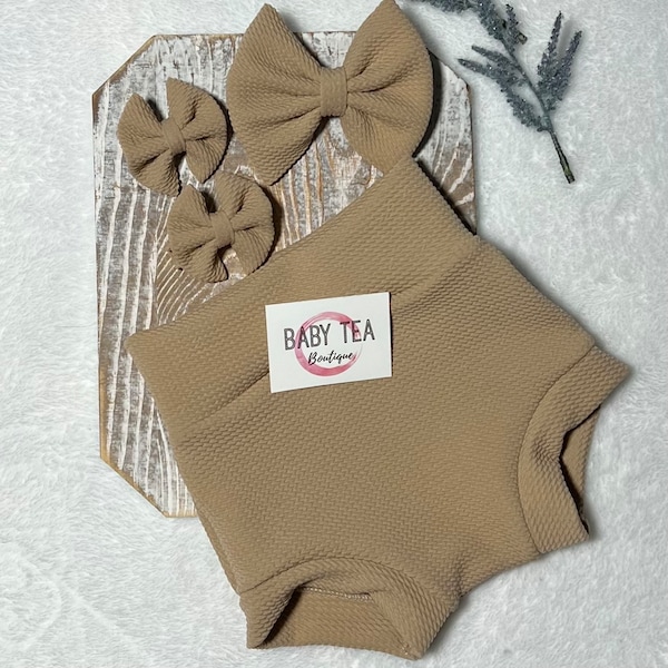 Taupe Tan Belly Bummies Diaper Cover Bummy Toddler Shorts High Waist Baby Bummie Bloomers Bow Piggies Baby Shower Gift Newborn