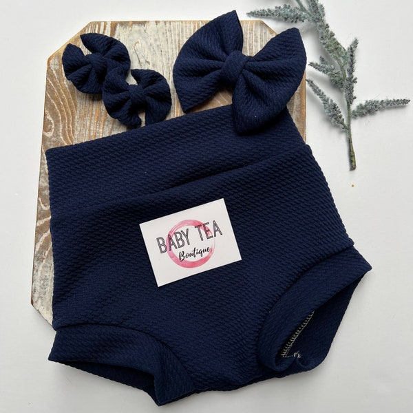 Dark Navy Blue Belly Bummies Diaper Cover Bummy Toddler Shorts High Waist Baby Bummie Bloomers Bow Piggies Baby Shower Gift Newborn