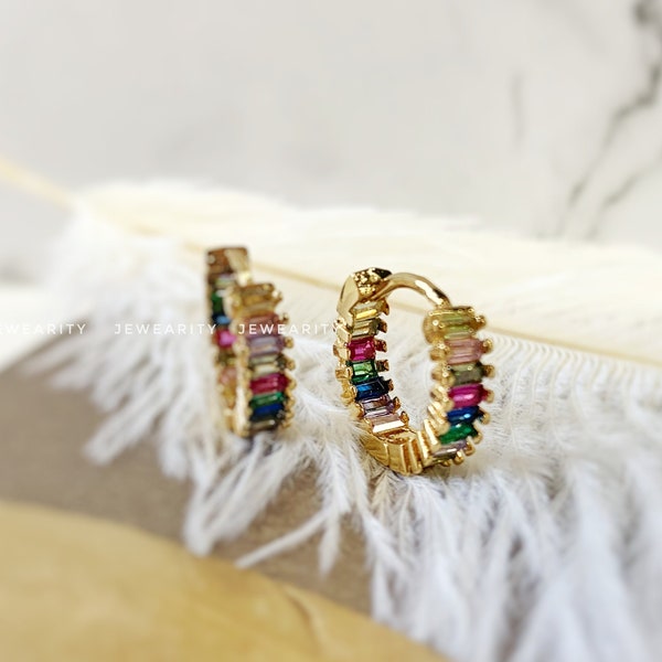 12mm Rainbow Baguette Huggies Earring Multi-Colored Gold Plated Shiny Cubic Zirconia Gemstone Hoops Pierced Gift for Her Mom