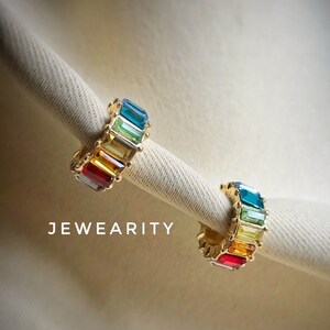 Dainty 0.6" Rainbow Baguette Stud Earrings Multi Colored Band Gold Plated Cubic Zirconia Earring Hoops Pierced Gift for Her Mom