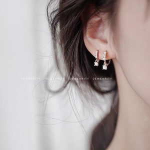 Silver CZ Drop Huggies Earring 925 Sterling Silver Minimalist Gift for Her Mom Girl