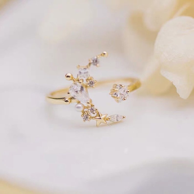 Moon Star Baguette Open End Yellow Gold Rings with CZ Fresh Water Pearls 14K Gold Plated Adjustable Statement Rings Gift for Her Bridal Gift