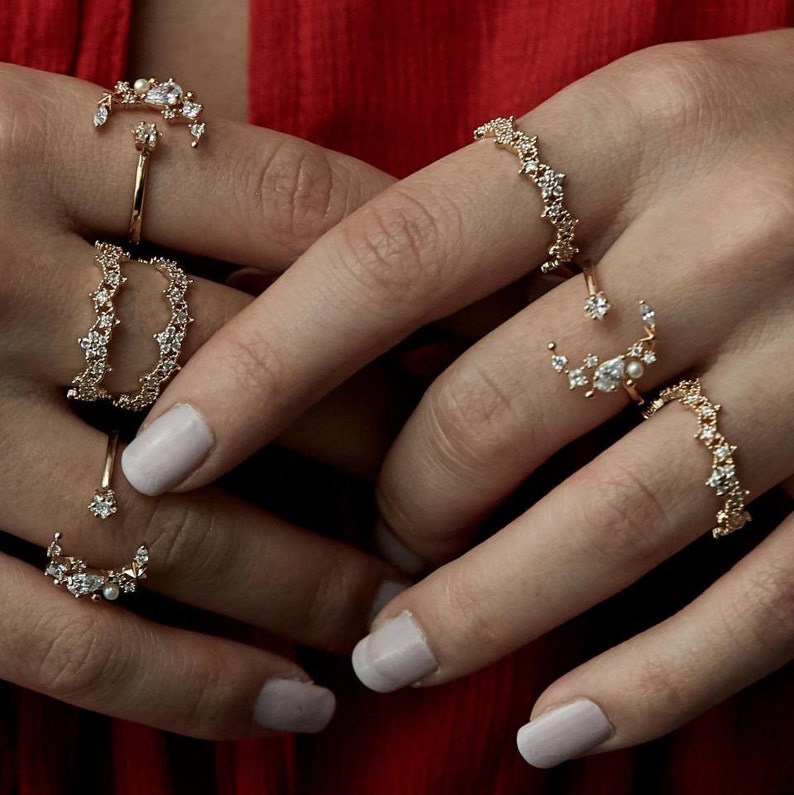 Moon Star Baguette Open End Yellow Gold Rings with CZ Fresh Water Pearls 14K Gold Plated Adjustable Statement Rings Gift for Her Bridal Gift