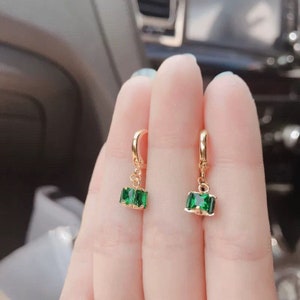 Emerald Mini Hoop Earrings 14k Gold Plated Huggies Green Cubic Zirconia Rhinestone Gemstone Drop Earring Pierced Gift for Her image 5