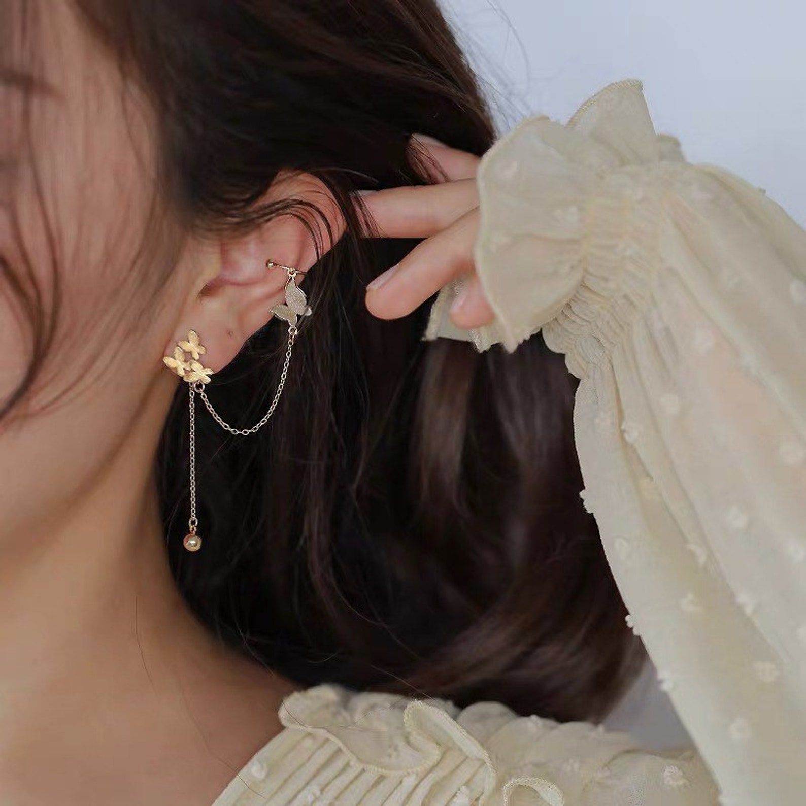 Gold Butterfly Stud Earrings Ear Cuff Set Gold Plated 925 Etsy