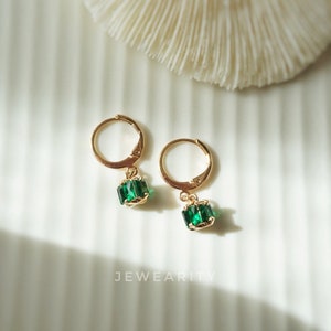 Emerald Mini Hoop Earrings 14k Gold Plated Huggies Green Cubic Zirconia Rhinestone Gemstone Drop Earring Pierced Gift for Her image 1