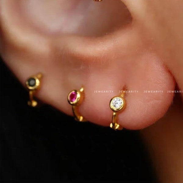 Super Mini Round Shape Huggie Earring 18k Gold Silver Plated on 925 Sterling Silver Multi-colored CZ Gemstone Pierced Gift For Her