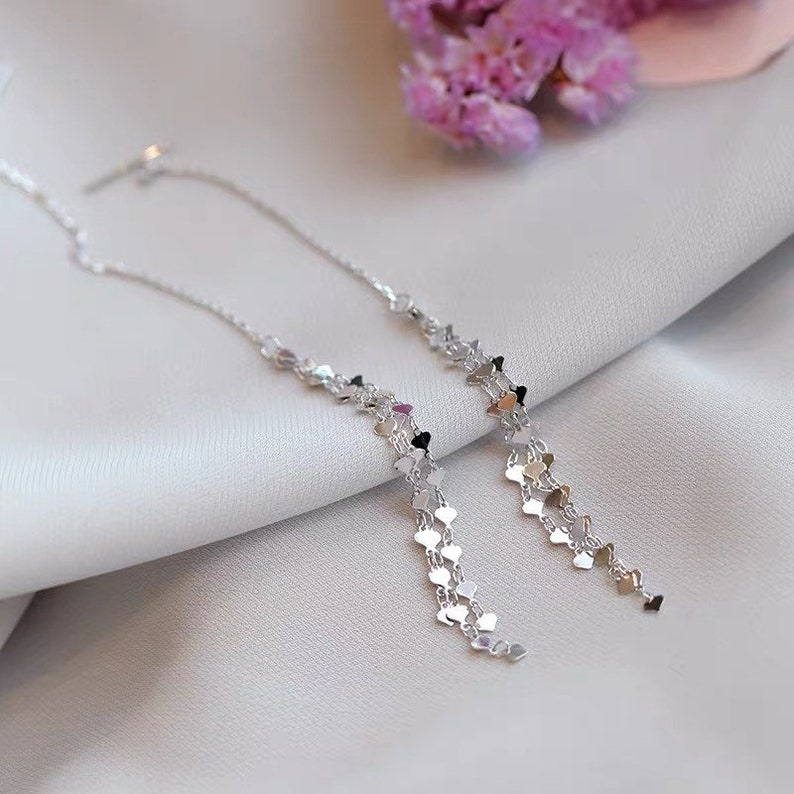 Long Silver Drop Dangle Earrings 925 Sterling Silver Threader Earring Silver Pierced Gift for Her Mom Girl