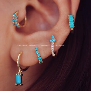 Dainty Turquoise Huggies Collection 925 Sterling Silver Cubic Zirconia Mini Hoops Earring Pierced Gift for Her