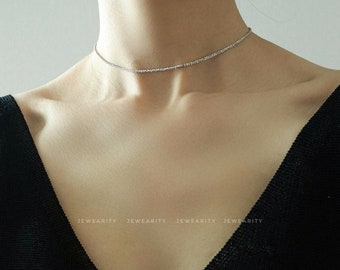 Dainty Thin Silver Choker Necklace 925 Sterling Silver Adustable Length Necklaces Gift for Her