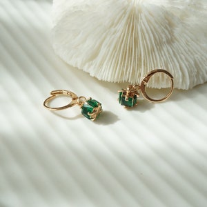 Emerald Mini Hoop Earrings 14k Gold Plated Huggies Green Cubic Zirconia Rhinestone Gemstone Drop Earring Pierced Gift for Her image 2