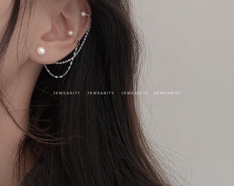Pearl Ear Cuff Chained Earrings | 925 Sterling Silver | Urban Line Ear Wrap Earrings Pierced Gift for Her