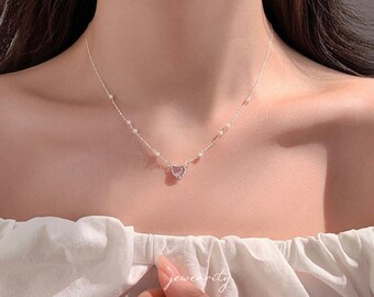 Heart Pearl Silver Love necklaces Summer Chocker Pink Minimalist 925 Sterling Silver Chain For Her Anniversary Gift