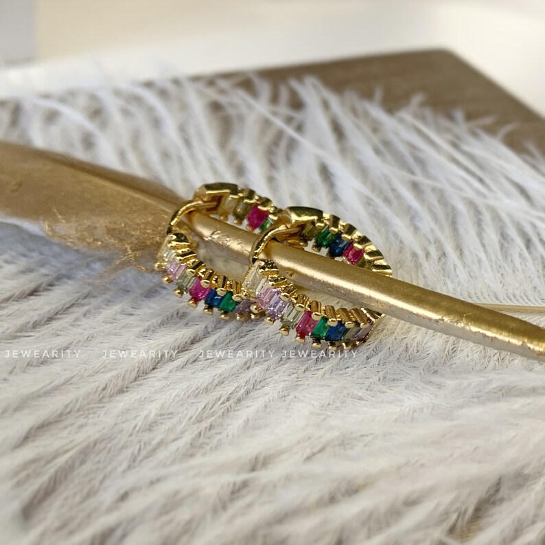 12mm Rainbow Baguette Huggies Earring Multicolored Gold Etsy